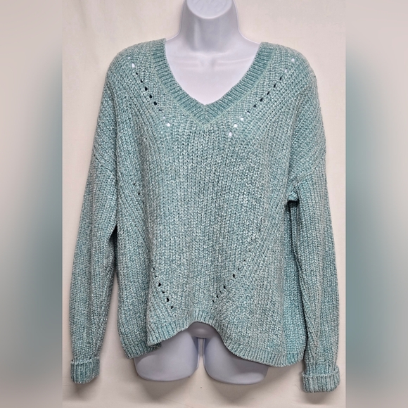 Hippie Rose M Soft Chenille Knit Pullover Sweater V Neck Drop Shoulder Sleeve - Picture 1 of 5